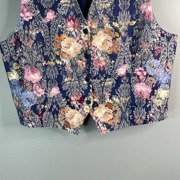 VINTAGE 90s Traditions Floral Tapestry Vest Blue Pink Mix Wingtip Button Size 16 - Picture 4 of 10